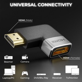 deleyCON HDMI Adapter Coupling Connector 8K @ 60Hz / 4K @ 120Hz UHD 7680x4320 Aluminium HDMI 2.1 ARC HDR10+ Dolby Vision VRR ALLM 48Gbps Left Angled Grey Black