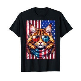 Maine Coon Wearing USA Flag Cat Lover Patriotic 4th of July T-Shirt for Women Men