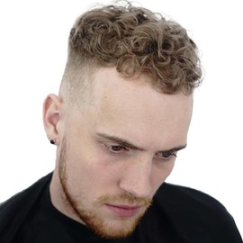 Lishy Curly Men Toupee Human Hair Replacement Systems for Men Hairpiece 20MM Curl All V-looped Full Skin PU Wigs 10x8inch #7 Lightest Brown Color