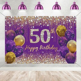 Tecreo 50th Birthday Decorations for Women, Purple Glitter Spots Fabric Sign Poster Birthday Party Decoration, 50th Birthday Background Banner Woman, 50th Birthday Party Decoration