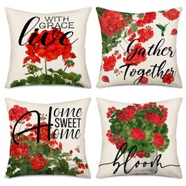 Xihomeli Red Geranium Flowers Pillow Covers 16 x 16 Set of 4, Red Floral Bloom Home Sweet Home Spring Summer Pillows Decorative Throw Pillows Cushion Case Farmhouse Outdoor Decor for Sofa Couch
