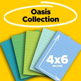Post-it 100% Recycled Paper Super Sticky Notes, Lined, 4 in. x 6 in., 8 Pads, 45 Sheets per Pad, Oasis Collection, School Supplies and Office Products