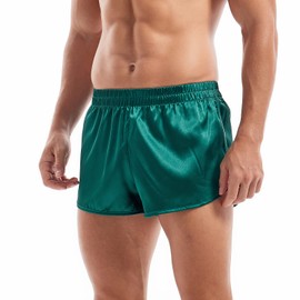 AMY COULEE Mens Satin Shorts Silk Boxers Sexy Split Side Lounge Shorts 3 Inch Pajama Bottoms (M, Green)