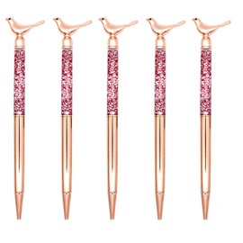 Gullor 5 Pieces Metal Bling Small Bird Retractable Ballpoint Pen for School Office Home Travel Gift Supplies, Rose Gold