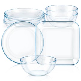 6 Pcs Clear Glass Dinnerware Set Glass Plates and Bowls with Blue Tint Round Square Tempered Glass Plates 10'' and Kitchen Serving Bowl 8'' for Dessert, Salad, Fruit,dishwasher and Microwave Safe