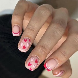 Hrnsnails Valentines Day Nails - Valentines Press On Nails Short Square, Valentines Fake Nails with Pink French Heart Design,Artificial Valentines Nails Stick On Nails for Women-24Pcs