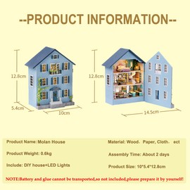 CUTEROOM DIY Miniature House Dollhouse Kit, Dollhouse Miniature with Furniture and LED Light, Miniature House Model Kit for Girls and Boys Children (Molan House)
