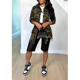 Seltaon Casual Ripped Camo Jacket for Women Fall Camouflage Army Fatigue Green Jackets Coat Plus Size