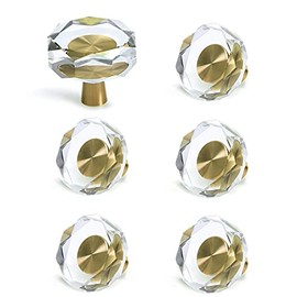 6 Pack Glass Crystal Knobs Brass Drawer Pull Cabinet Handle Gold Furniture Hardware for Dresser Kitchen (Polygon)