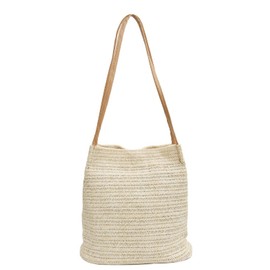 TENDYCOCO Shoulder Bag Straw Bucket Bag Weave Beach Bag Handbag Handmade for Women, beige