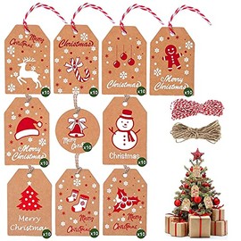 100 PCS Etiquetas de de Regalo Papel Kraft de Navidad, Etiquetas de Navidad para Regalos con Cuerda, 10 Patrones de Etiquetas Adecuado para la Decoración de Regalos de Navidad e Invierno