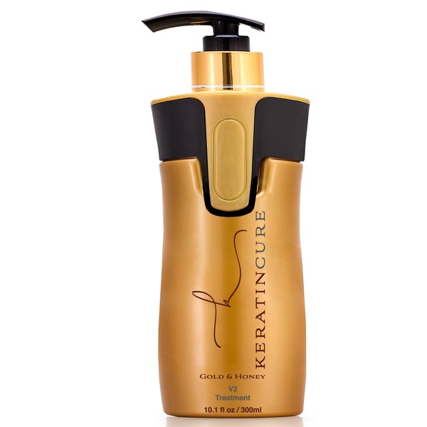 Keratin Cure Treatment Gold & Honey V2 STRONG Intensive Extracts Professional Complex with Nourishing Straightening Damaged Dry Frizzy Coarse Curly African Ethnic Wavy Hair 10 fl oz