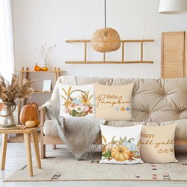 COZZSNUGE Autumn Pumpkin Cushion Covers Pumpkins Leaves Fall Thanksgiving Farmhouse Velvety Decorative Pillowcases for Sofa Bed Home Patio 45 x 45 cm Set of 4