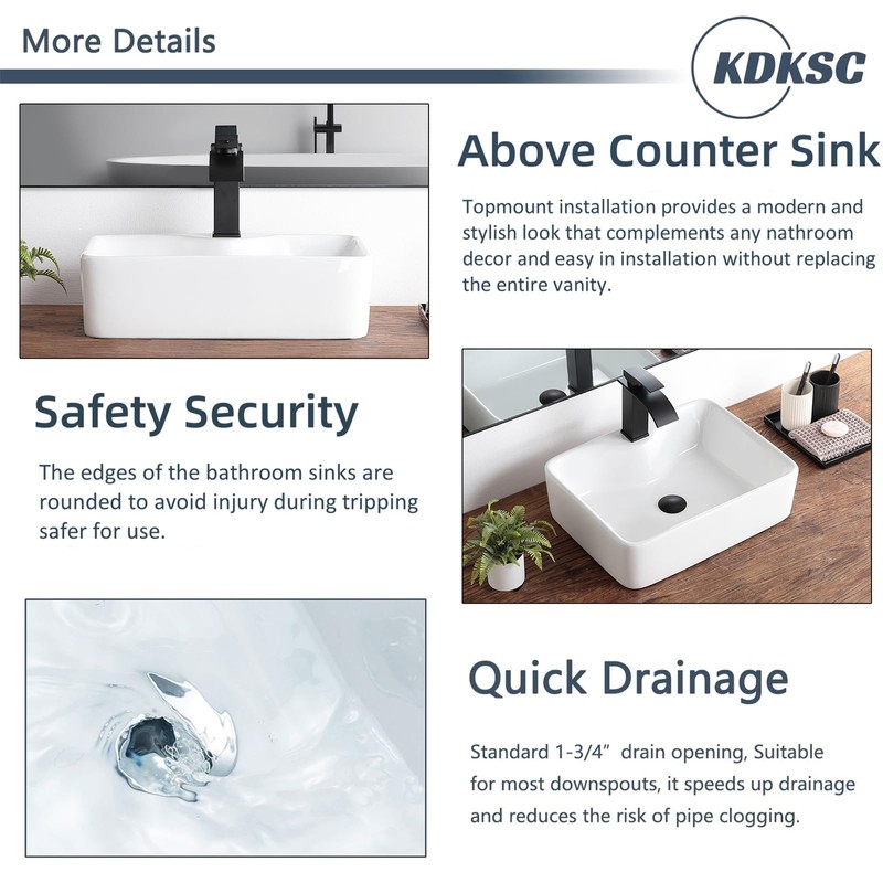 KDKSC Bathroom Vessel Sink 19"x15" Rectangular White Bathroom Sink with