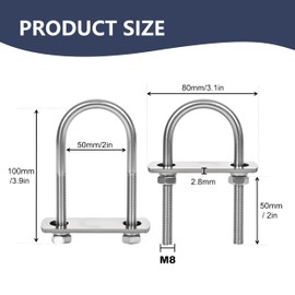 SRZTXU 4 Sets M8 U-Bolts,u-Bolts 2" (50mm) Wide,304 Stainless Steel u-Bolts,with Nuts,Bolt Plate and washers (4, M8 x 50mm x 100mm)