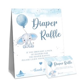 Baby Shower Diaper Raffle Game Set - Blue Elephant 1 Standing Sign & 50 Diaper Raffel Tickets - Baby Announcement, Gender Reveal Party Activities & Decorations For Boys, Girls - A08