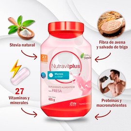 Vitaminas Y Minerales En Polvo NutravitPlus By Gaero Shop - Sabor Fresa -Fibra Con Menos Azúcar - Endulzado Naturalmente Con Stevia - 425g - Suplement