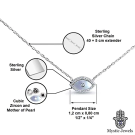 MYSTIC JEWELS by Dalia Turkish Eye Pendant Necklace 925 Sterling Silver with Cubic Zirconia and Mother of Pearl Stone Cubic Zirconia, Stone, Cubic Zirconia