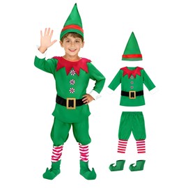 Yi-gogg Christmas Elf Costume, Children's Santa Cosplay, Green Elf, Santa Claus, For Children, Christmas, Top and Bottom Set, Lismouth Party, Recital, Performance, Family Party (Green, M)