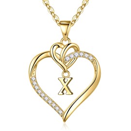 TINGN Heart Initial Necklaces for Women Teen Girls, Dainty Cubic Zirconia Heart Initial X Pendant Necklace 14K Gold Plated Heart Necklaces for Girlfriend Jewelry for Women Teen Girls Gifts