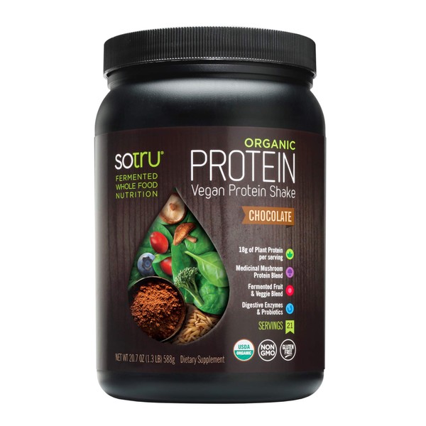 SOTRU Vegan Protein Shake, Chocolate - 20.7 oz. - Whole Food, Plant-Based Protein Powder with Green Superfoods, Enzymes & Probiotics - USDA Certified Organic, Non-GMO, Gluten-Free - 21 Servings