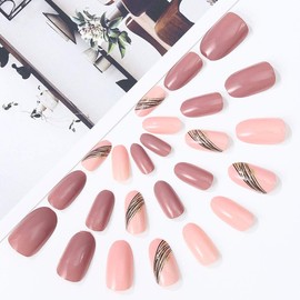 Brishow False Nails, Short Nails for Sticking, Gold Glitter Press On Nails, Ballerina, Acrylic, Full Cover False Nails, Pack of 24 for Women and Girls (Pink)