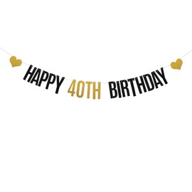 DONGLYJL Black and Gold Glitter Happy 40th Birthday Banner for 40 Years Old 40th Birthday Party Decorations Supplies Pre-Strung HAPPY 40TH BIRTHDAY