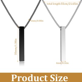 PBAHAUP Cuboid Stainless Steel Necklace for Men, 2 Pieces Pendant with Snake Chain, Men's Necklaces, Bar Pendant Necklace, Chain Necklace, for Men Women Jewellery Gift, Silver, Black