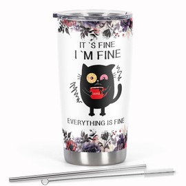 Cosictic Cat Lover Gifts Tumbler, It's Fine I'm Fine Everyhing Is Fine - Vaso de café divertido para gatos negros de 20 onzas, regalos para gatos y gatos
