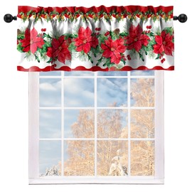 Cuteiush Christmas Poinsettia Curtain Holiday Kitchen/Café 52Lx18W inch Tiers and Valance Decor for Kitchen Red and Green