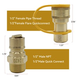 1/2" QDD LP Natural Gas Quick Connect Fittings Kit, Natural and Propane Gas Hose Quick Connect/Disconnect Plug Set, Solid Brass with Dust Cover & Raw Material Tape
