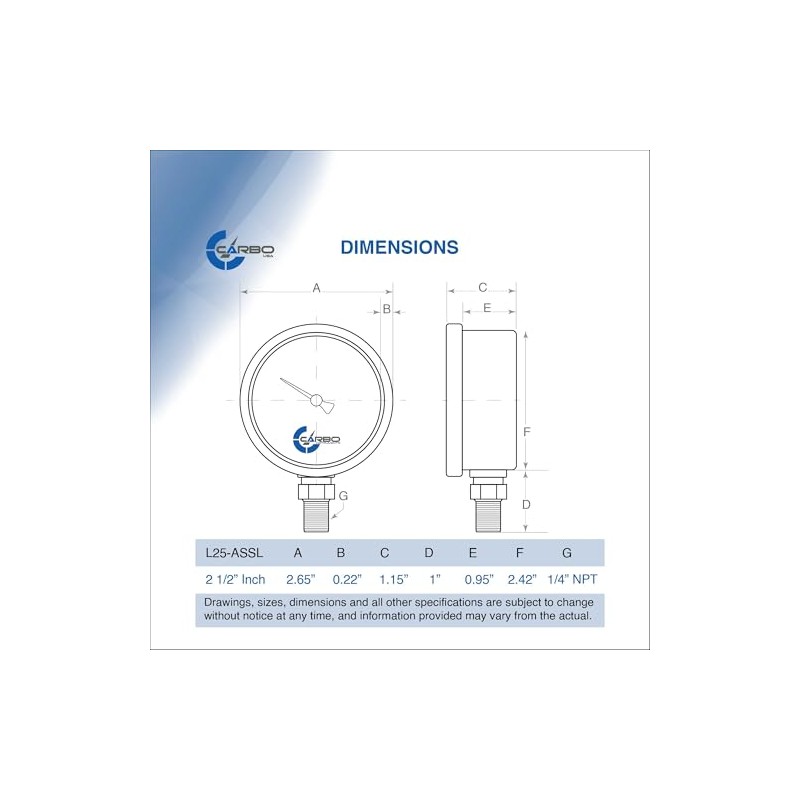 CARBO Instruments 2 1-2" Pressure Gauge, All Stainless Steel Wetted