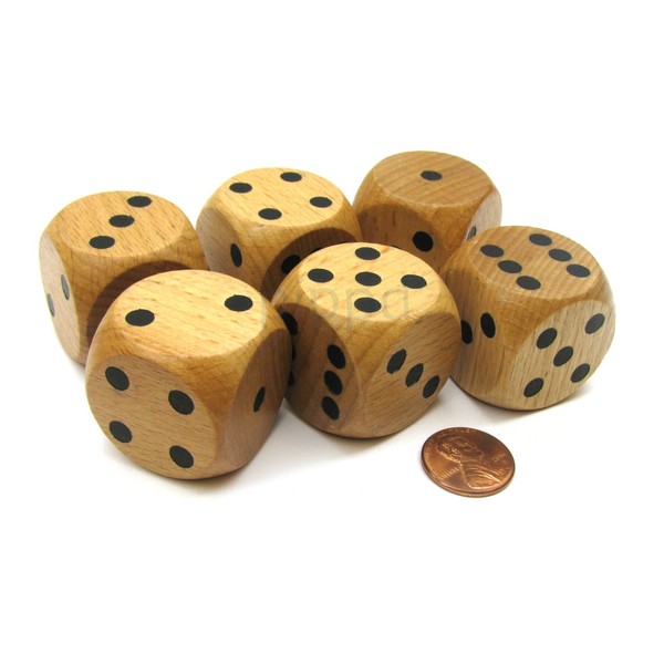 Koplow Games Set of 6 D6 Large Jumbo 30mm Rounded Wood Dice - Wooden with Black Pips