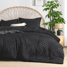 Litanika Black Queen Size Comforter Sets, Bed in a Bag 7 Pieces Boho Tufted Comforter, Shabby Chic Bedding Set with Comforter, Sheet, Pillowcases & Shams
