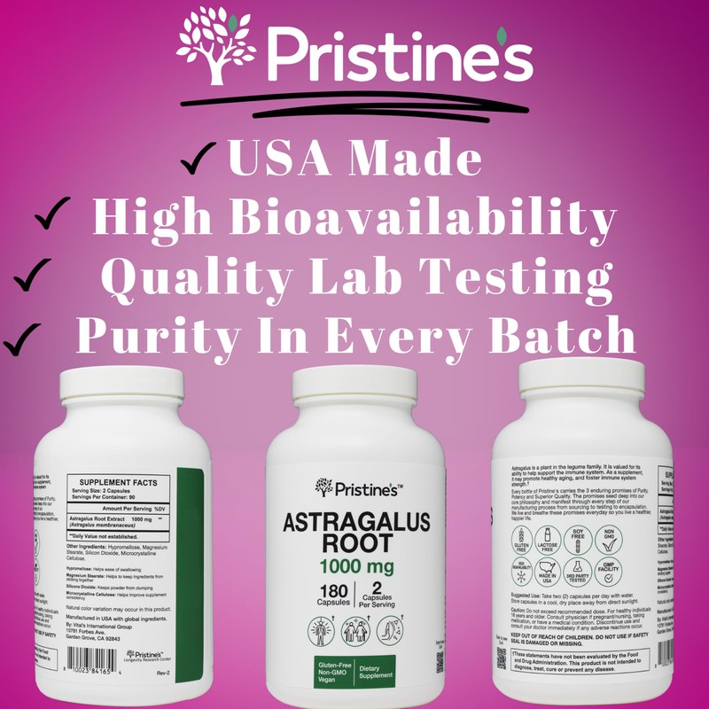 PRISTINE'S Astragalus Root Immune Support Supplement Capsules -1000mg 90 Day