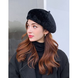 NLAND Women Vintage French Beret Classic Artist Painter Hat Solid Color Winter Beret Cap Mink Faux Fur Cozy Hat（Black，One Size）