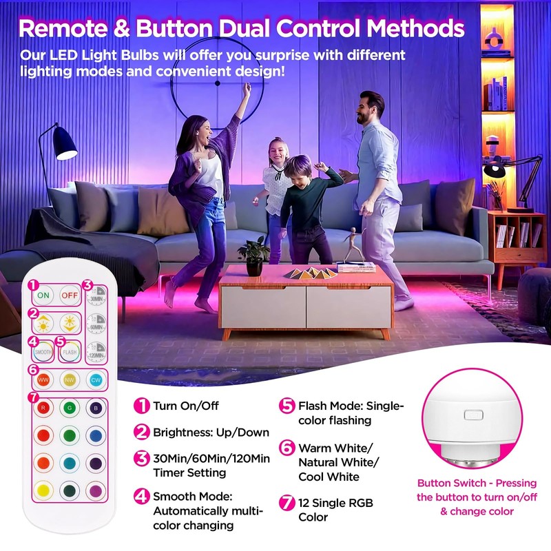 Rechargeable Battery Operated Light Bulb with Remote Control 2 Packs,