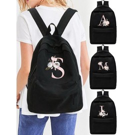 Initial Letter & Floral Pattern Backpack, 1 Count Large Capacity School Bag for Student Teens Girls, Outdoor Travel Backpack for Men Women, Harajuku Laptop Backpack - Color: Black, Size: W