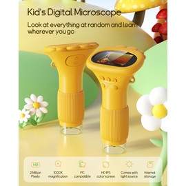Digital Microscope 2.0-inch LED IPS HD Color Large Screen, 50x-1000x 2 Million High-Definition Pixel, 178 ° Wide Angle, 8 Bright Lights, Rechargeable Battery, Compatible with Windows, Mac OS (Yellow)