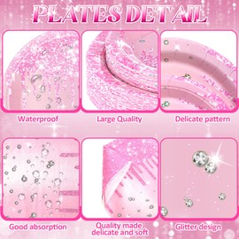 Funnymoom 452 Pcs Pink Birthday Party Decoration Include Light Pink Glitter Paper Plates Napkins Cups Tablecloth Cutlery Straws Diamond Tableware for Wedding Baby Shower Graduation Party Supplies