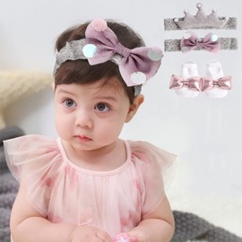 Juego de 3 Piezas Diademas y Calcetines para Bebe, Diademas de Moños para Niñas, Calcetines niña, Banditas para Bebe Niña, Calcetines Diadema de Lazos para Bebé Recién Nacido, Regalo para Niñas