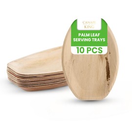 Canape King Disposable Palm Leaf Serving Trays (10 Pcs) - 100% Natural and Biodegradable Oval Large Dinner Food Platters - for BBQ Picnic Christmas Party Weddings (34 x 23 cm)
