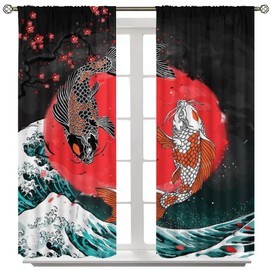 Cortinas japonesas de peces Koi, estilo asiático Koi, cortina de bolsillo para barra de ventana, para recámara, cocina, sala de estar, decoración de 42 x 45 pulgadas
