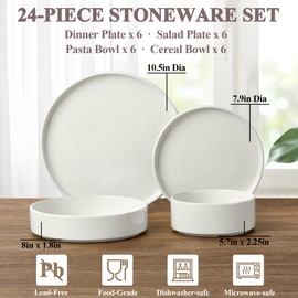 Herogo 24 Piece Dinnerware Sets with Pasta Bowls for 6, Dinner Salad Plates and Cereal Serving Bowls, Stoneware Dishes Dinner Ware for Kitchen Dinning, Dishwasher & Microwave Safe, Speckled White