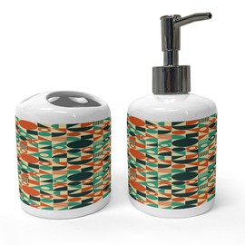 Ambesonne Geometric Soap Dispenser & Toothbrush Holder Set, Mid-Century Style Repetitive Triangles Circles Stripes Squares Art, Ceramic Bathroom Toiletry Accessories, 2 Pcs, Vermilion and Sea Green