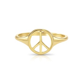 TILO JEWELRY 14K Real Solid Yellow Gold Peace Sign Signet Ring Minimalist Promise Band Ring - 5