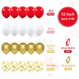 Red and Gold Balloons, Ousuga 60 pcs 12 Inch Matte Red White Metallic Gold Confetti Latex Balloons Set for Girls Birthday Valentines Wedding Bridal Shower Anniversary Bachelorette Xmax Party Decors