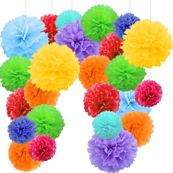 Pack of 24 Colourful Decorative Tissue Paper Pompoms, Decorative Paper Flower Pom Poms Paper, Rosettes, Paper Fans Decoration Birthday Party Carnival Birthday Decoration – Pack of 24
