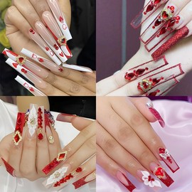 16Pcs Valentine's Day Nail Charms 3D Heart Nail Art Charms Luxury Rhombus Gold Nail Gems Crystal Crown Nail Charms Valentines Nail Rhinestones Red Bow Love Heart Nail Jewelry for Women DIY Manicure