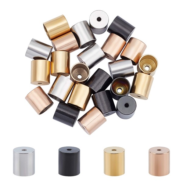 UNICRAFTALE About 24pcs 4 Colors Environmentally Vacuum Plating Column End Cap Metal Cord End Caps Stainless Steel Cord Caps Leather Cord Ends Bead Caps for DIY Jewelry Making